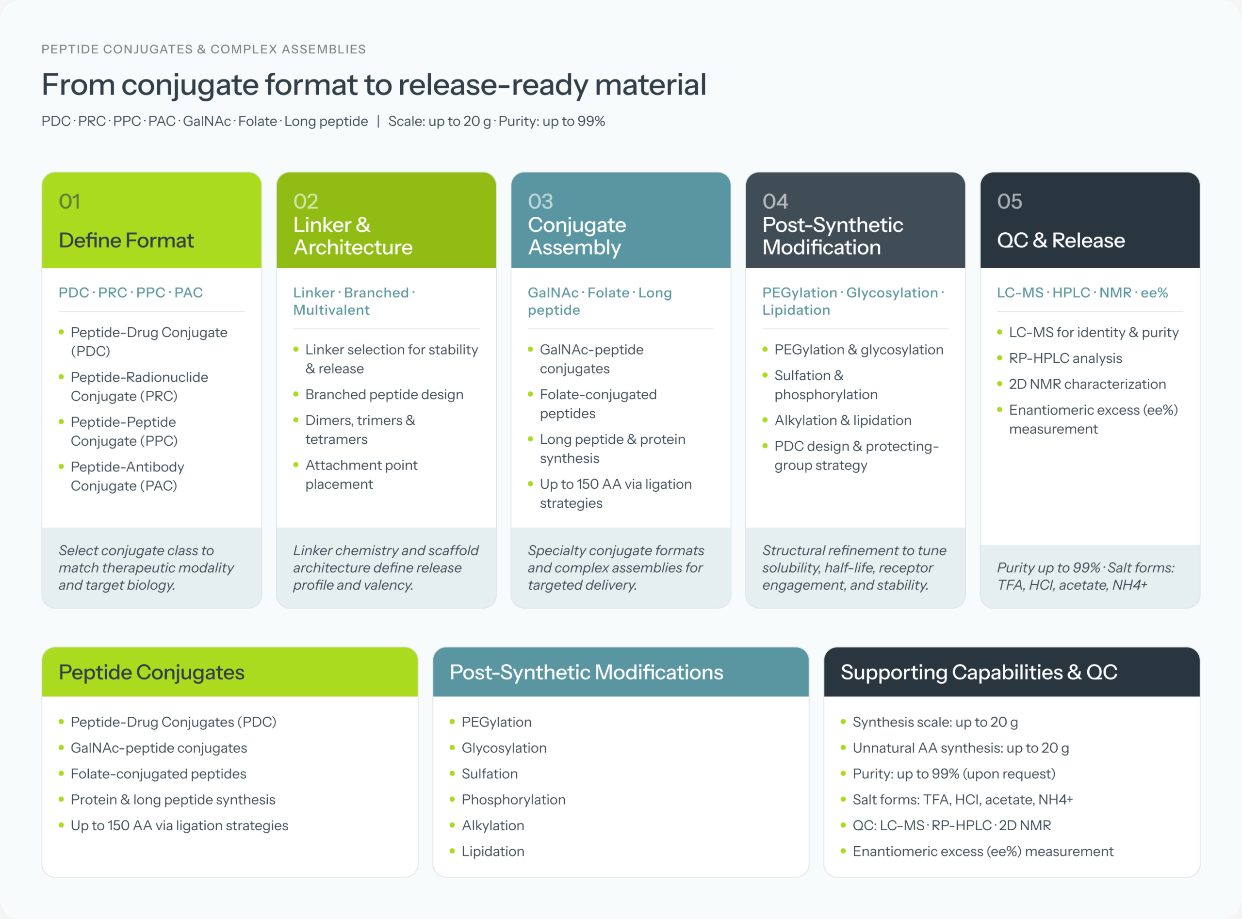 Peptide conjugates and complex assemblies workflow, from conjugate format to QC and release